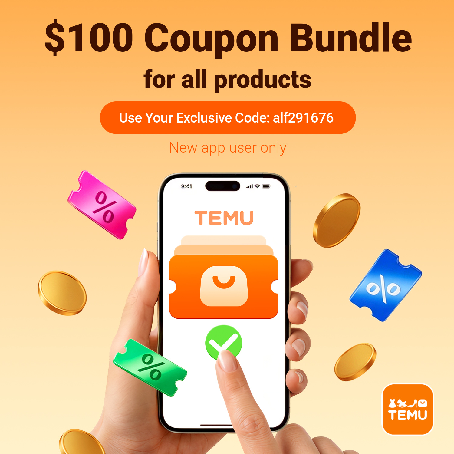 Temu $100 coupon bundle app square banner